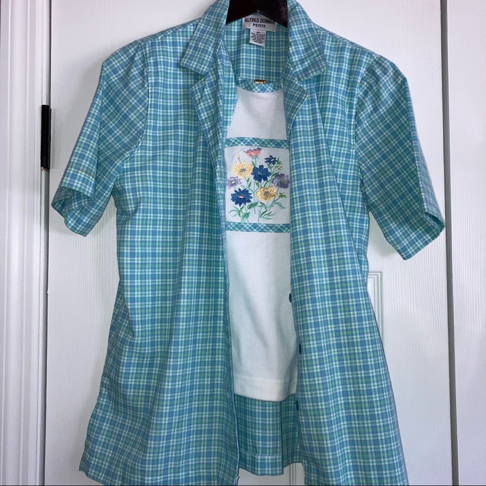 Alfred Dunner 6P Blue Green Plaid Flower Embroidered Faux Layered Short Sleeve